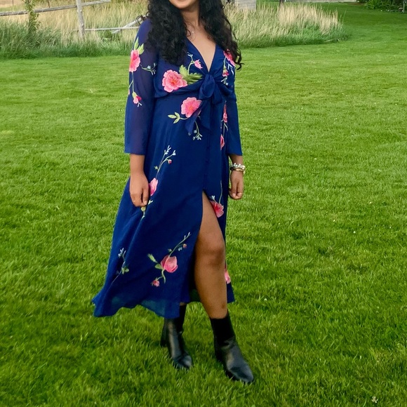 ASOS Design Tie Front Button Through Floral Embroidery Navy Midi Dress Size 6 - Picture 2 of 10